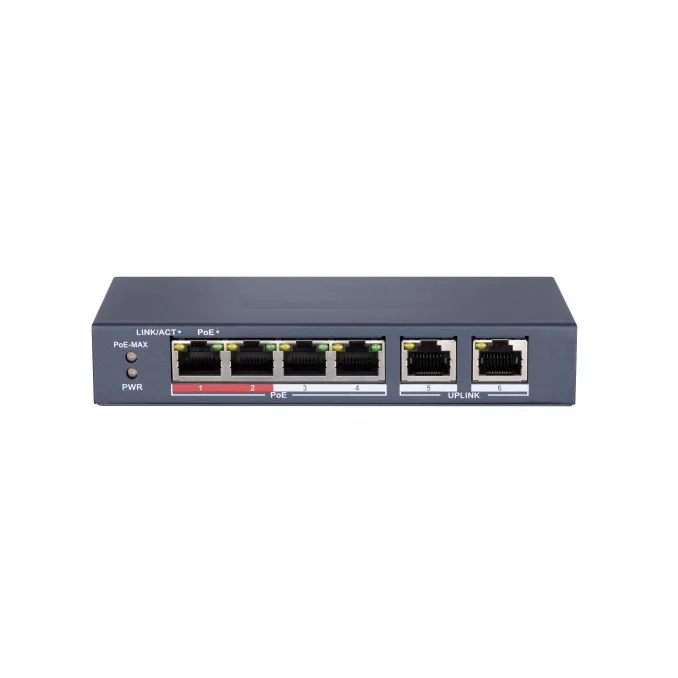 PoE-коммутатор HiWatch DS-S604P, 4 порта PoE + 2 uplink, 35 Вт
