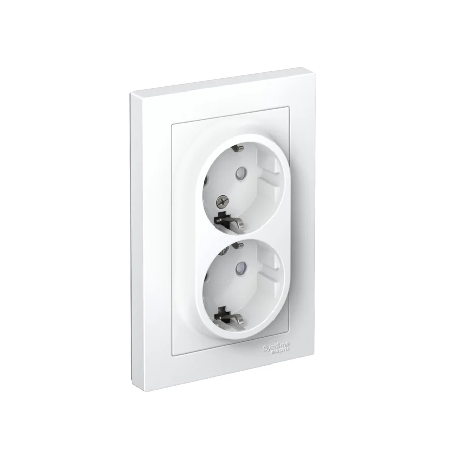 Розетка двойная Systeme Electric AtlasDesign с заземлением и шторками, 16 А, белая (в сборе)