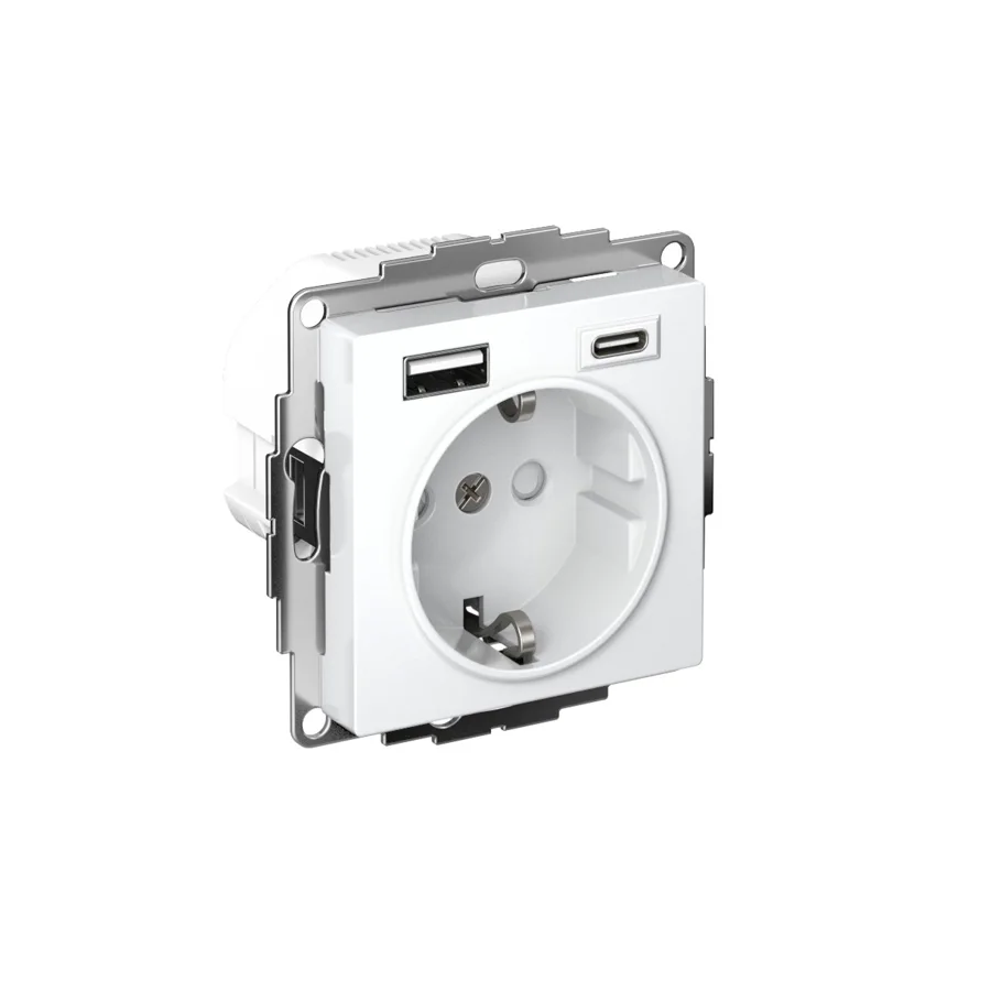 Розетка Systeme Electric AtlasDesign с заземлением, шторками и USB A+C, 16 А, белая (механизм)