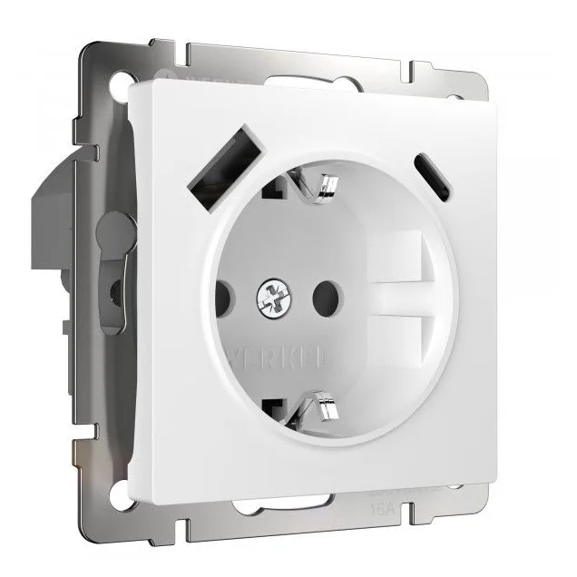 Розетка Werkel с заземлением, шторками и USB A+C, 16 А, белая (механизм), фото 1